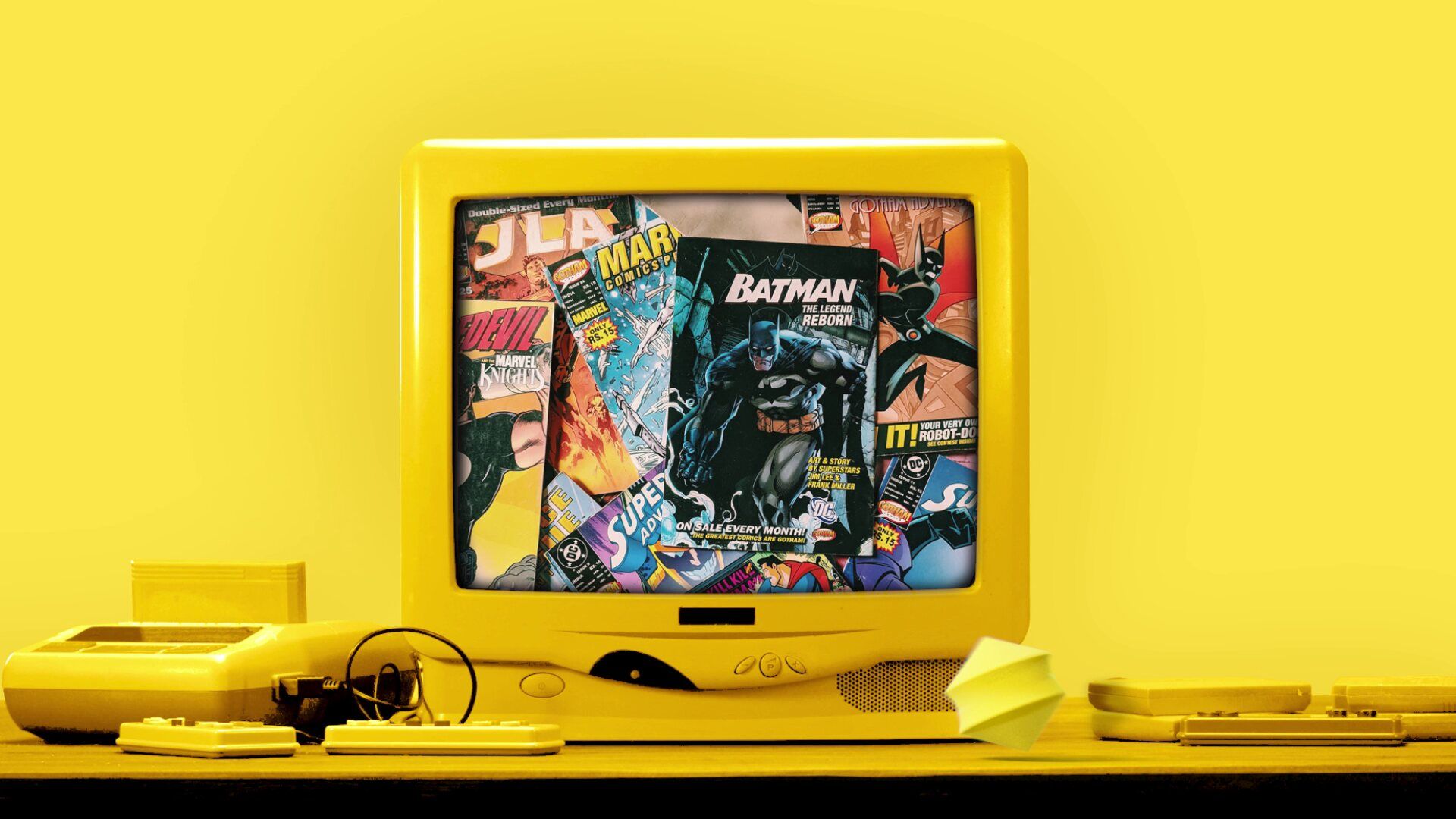 Voggt, écran rétro et comics sur fond jaune