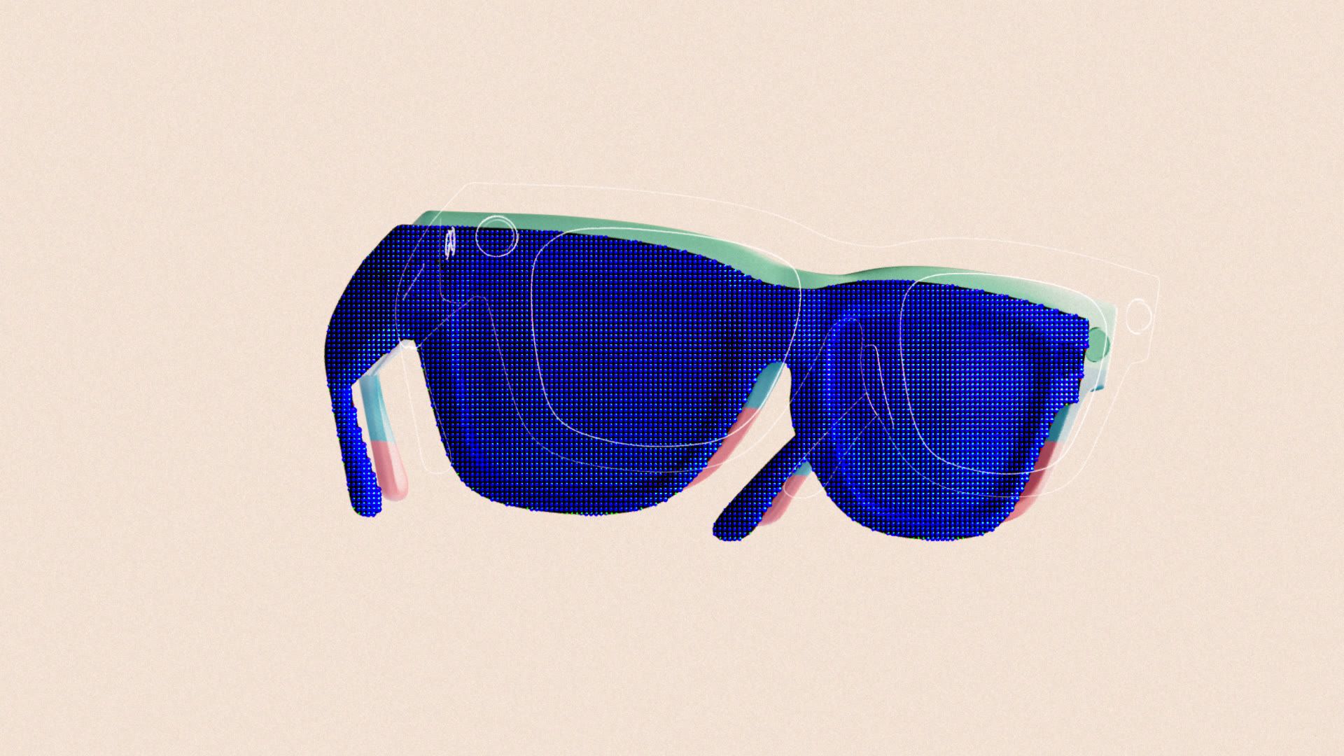 Puremédias l’Hebdo, glasses in a glitch phase, blue mesh